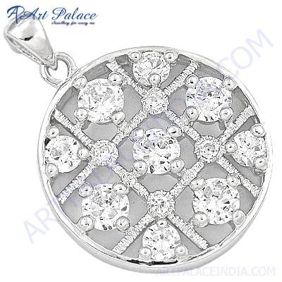 Excellent Round Cubic Zirconia Gemstone Silver Pendant