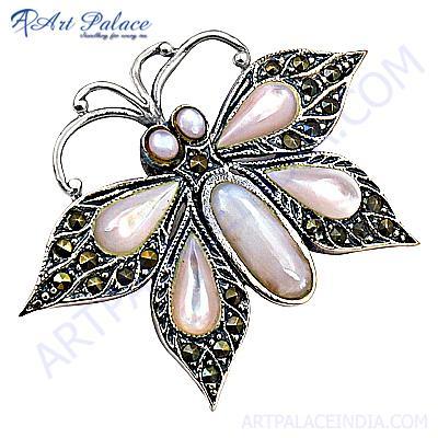 Pretty Butterfly Style Synthetic Gemstone Silver Pendant