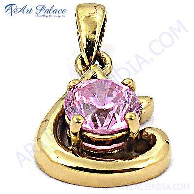 Unique Style Gemstone Gold Plated Silver Pendant With Pink Cubic Zirconia