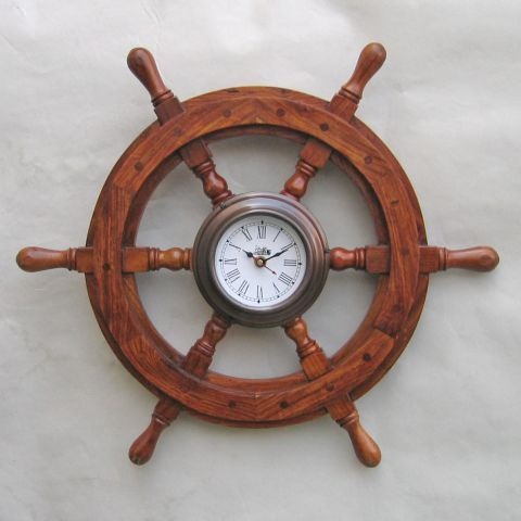 NAUTICAL WOODEN TRAIN SHIP WHEEL CLOCK 18