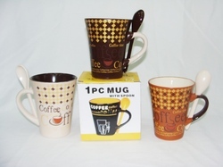 Ceramic Mug - 11oz Brown Ceramic, Printed Design, Integrated Spoon, Microwave & Dishwasher Use
