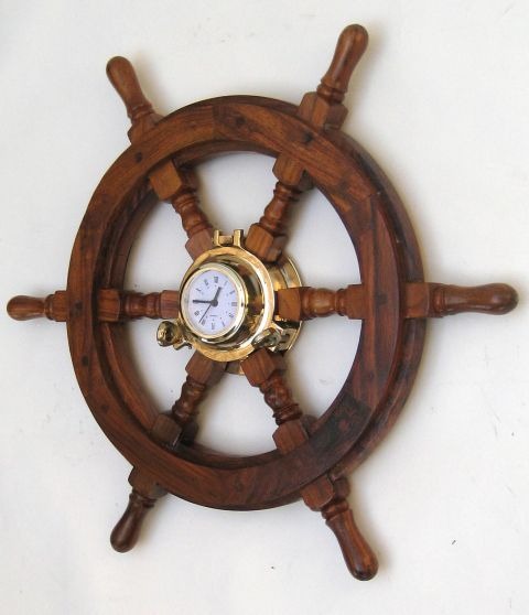 NAUTICAL WOODEN SHIP WHEEL PORTHOLE CLOCK 18
