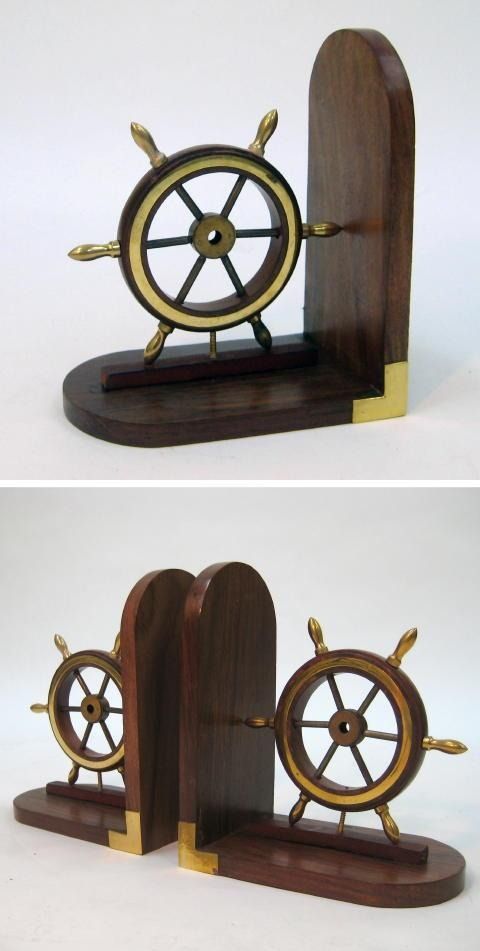 Nautical Wooden Book End Pair Brass Fitted 7"