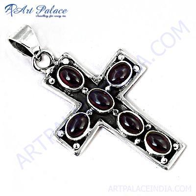 Trendy Cross Gemstone Silver Pendant With Garnet