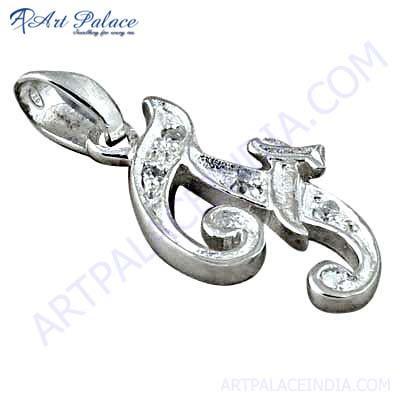 Initial Letter "F" Plain Silver Pendant With Cubic Zirconia
