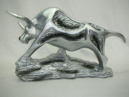 Ceramic Silver Bull statue with stand