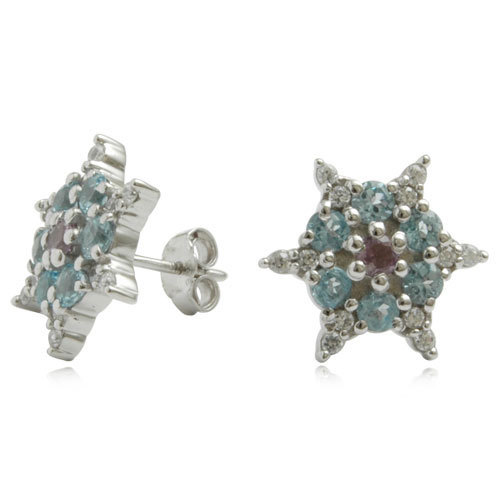 cluster earrings design, star shaped gemstone, 925 sterling silver earring with blue topaz