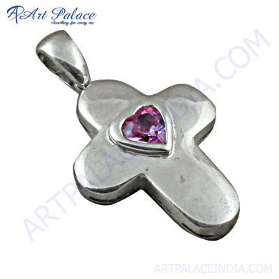 Delicate Heart Shape Cubic Zirconia Gemstone Cross Silver Pendant