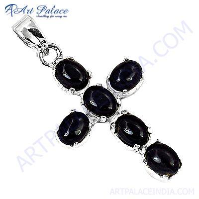 Trendy Cross Black Onyx Gemstone Silver Pendant