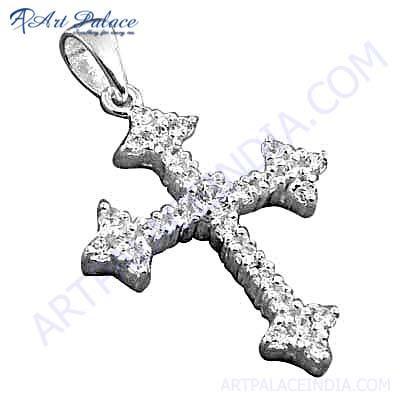 Fabulous Cubic Zirconia Gemstone Cross Silver Pendant