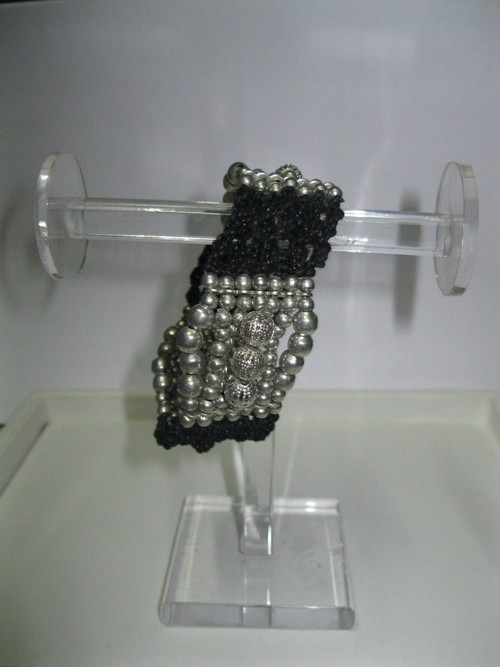Multi Beads Bracelets - Metal & Thread, 7 Inches, Black | Elastic Closure, Handmade, Stylish Elegant Design