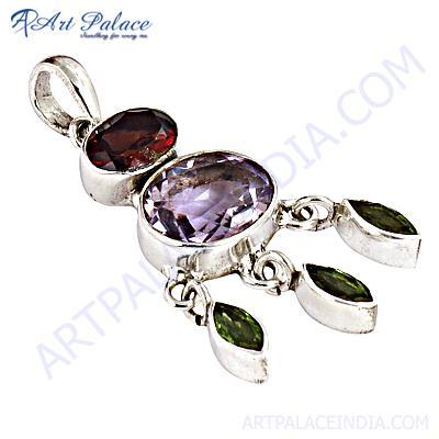 Famous Designer Amethyst,garnet & Peridot Gemstone Silver Pendant