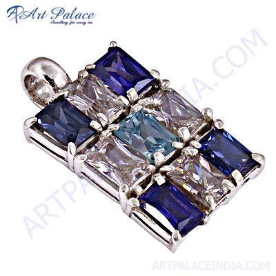 Shiney Blue Glass, Blue Topaz & Cubic Zirconia Silver Pendant