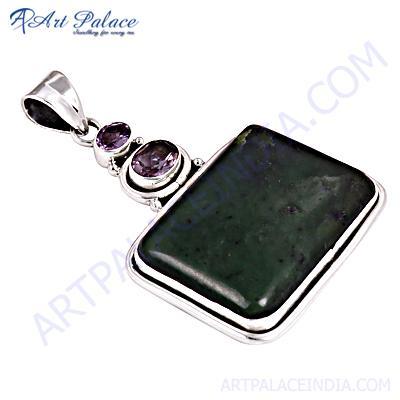 Elegant Amethyst & Jasper Gemstone Silver Pendant