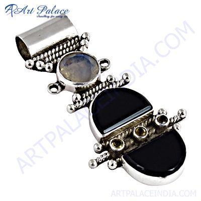 Traditional Designer Black Onyx & Rainbow Moonstone Gemstone Silver Pendant