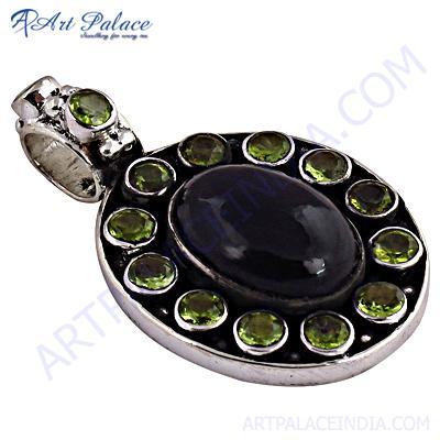 Festival Jewelry, Black Onyx & Peridot Gemstone Silver Pendant