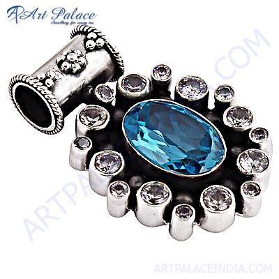 Sparkling Blue Topaz & Cubic Zirconia Gemstone Silver Pendant