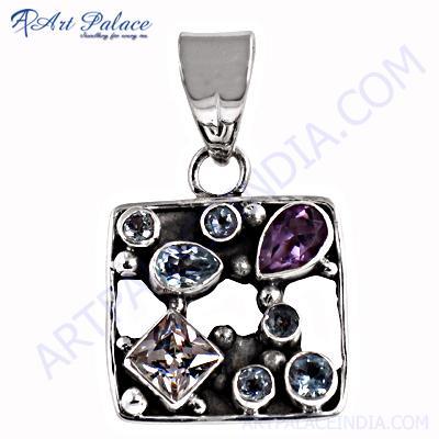 Sensational Amethyst, Blue Topaz & Cubic Zirconia Silver Pendant