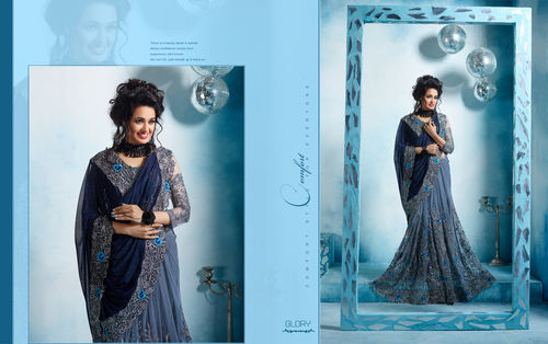 Blue Fancy Work Sarees