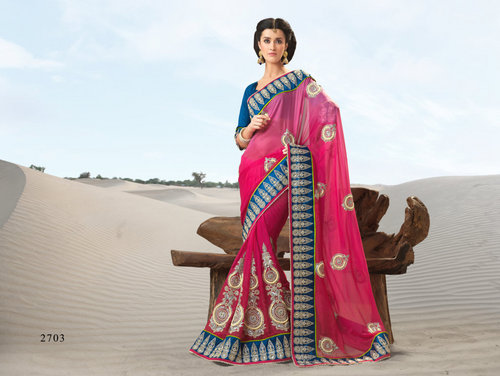 Sarees - Net Fabric, 5.5 Meters, Pink | Embroidered Floral Border, Elegant Design, Comfortable Fit