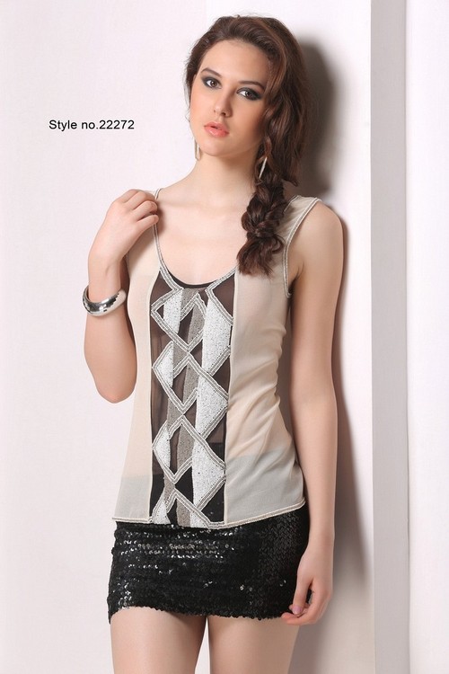 Ladies Short Top - Rayon, Medium Size, Beige Color | Sleeveless, Embroidered Design for Summer