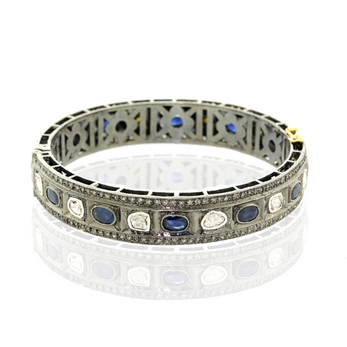 Blue Sapphire Gemstone Rose Cut Diamond Bangle 
