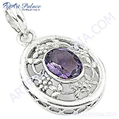 Fret Work Designar Amethyst Gemstone Silver Pendant