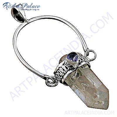 Trendy Amethyst & Crystal Gemstone Silver Pencil Style Pendant