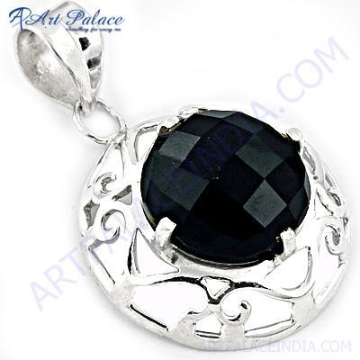 Hot !! Black Onyx Gemstone Fret Deisgner Silver Pendant