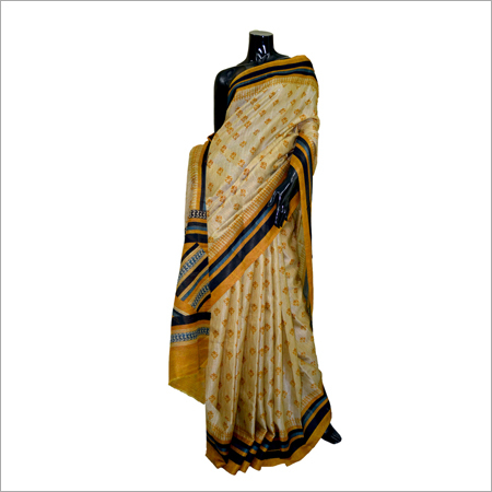 Block Printed Mixed Tussar Saree With Striped Bord