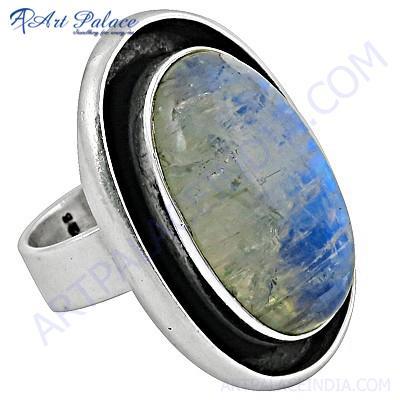 Large Victorian Rainbow Moonstone Gemstone Silver Ring