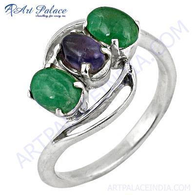 Unique Style Amethyst & Green Gemston Silver Ring