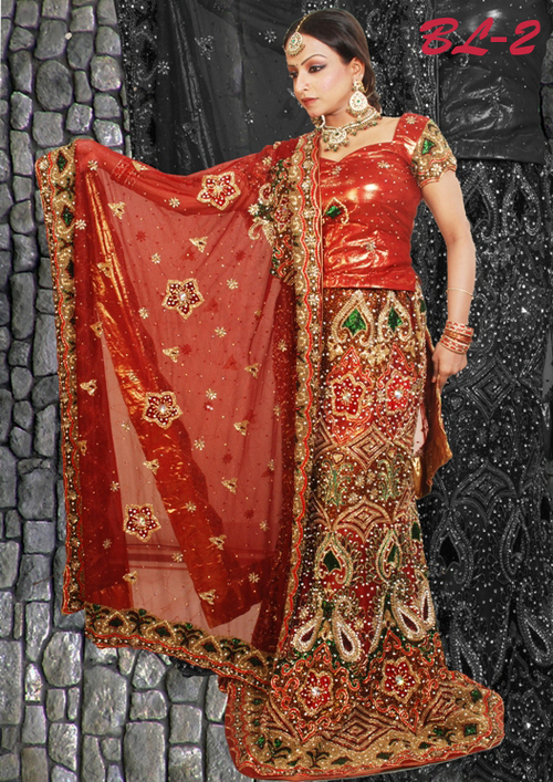 Golden Bridal Lehenga - Silk Blend, 55 Inches, Red | Handcrafted Embroidery, Elegant Design, Customizable Fit