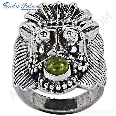 Lion Style Peridot Gemstone Silver Ring