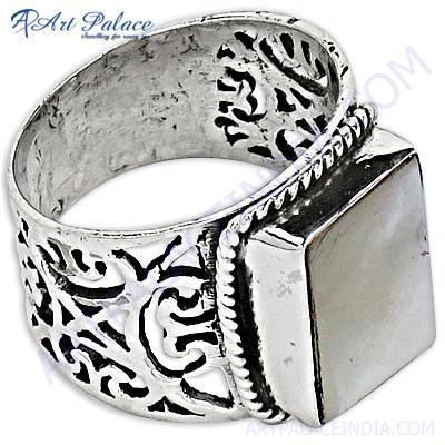 Fret Work Designer Pearl Silver Ring