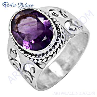 Charming Amethyst Gemstone Fret Work Silver Ring