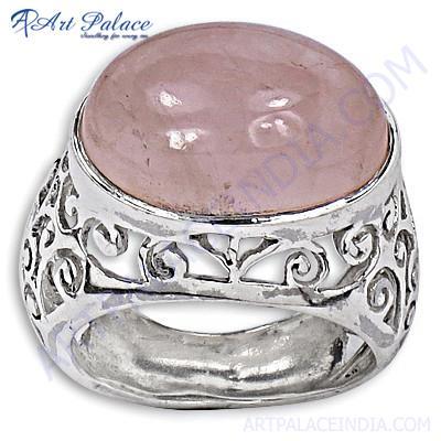 Feminine Unique Designer Rose Quartz Silver Ring