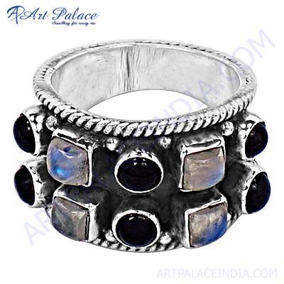 Elegant Black Onyx & Rainbow Gemstone Silver Ring 