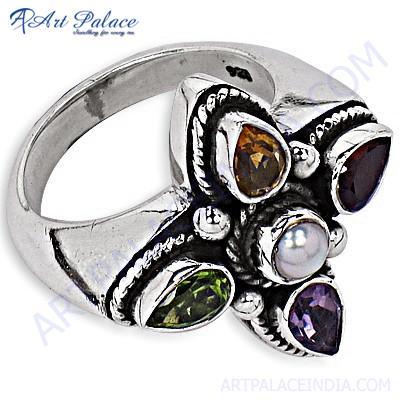 Party Wear Designer Multi Stone Silver Ring
