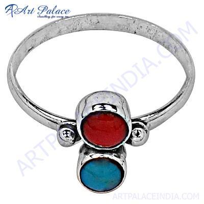Costume Jewelry, Coral & Turquoise Gemstone Silver Ring