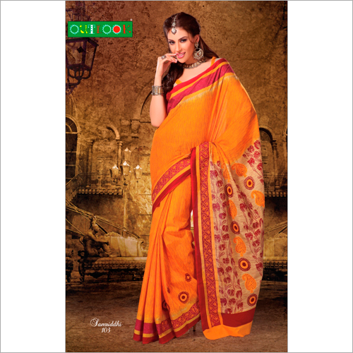 Sarees - Cotton Silk, 5.5 Yards, Orange | Elegant Floral Print, Soft Fabric, Vibrant Colors, Comfortable Wear, Durable Material
