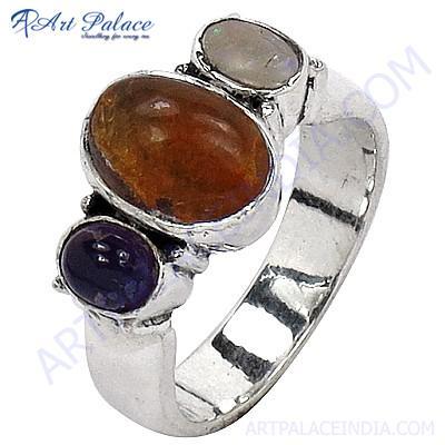 Indian Touch Amethyst, Citrine & Opal Gemstone Silver Ring