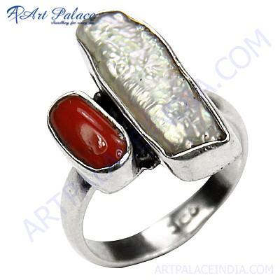 Latest Pearl & Coral Gemstone Silver Ring