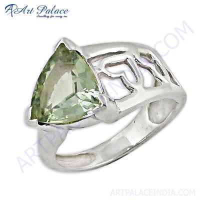 Classic Green Amethyst Gemstone Fret Work Sterling Silver Ring