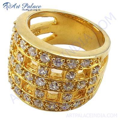 Party Wear Designer Cubic Zirconia Gemstone Gold Plated Silver Ring