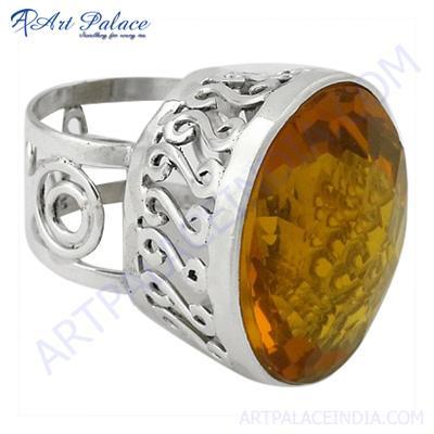 Charming Yellow Glass Gemstone Fret Designer Silver Ring
