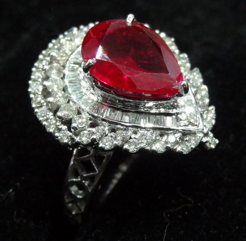 Diamond Ring - Silver, Size 7, Ruby with VS1 Diamonds Pave Setting, Elegant Design