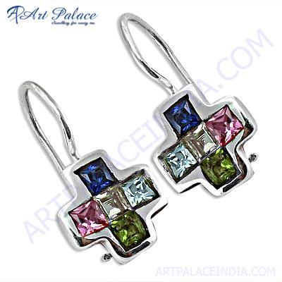 Cross Style Gemstone Silver Earrings  With Multi Stone