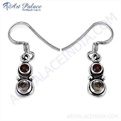 Fashionable Garnet & Rose Quartz Gemstone Silver Earrings