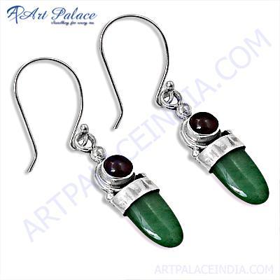 Feminine Unique Green Aventurian & Tourmaline Gemstone Silver Earrings